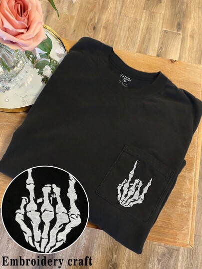 EMERY ROSE Halloween Plus Size Embroidered Skull Pocket T-Shirt Short Sleeve Skull Hand T-Shirt Comfortable Colorful Pocket T-Shirt Metal Shirt Alternative Ladies Shirt