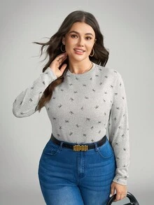 SHEIN LUNE 大码女式灰色蝴蝶结针织圆领T恤 - 灰色 - 查看 6