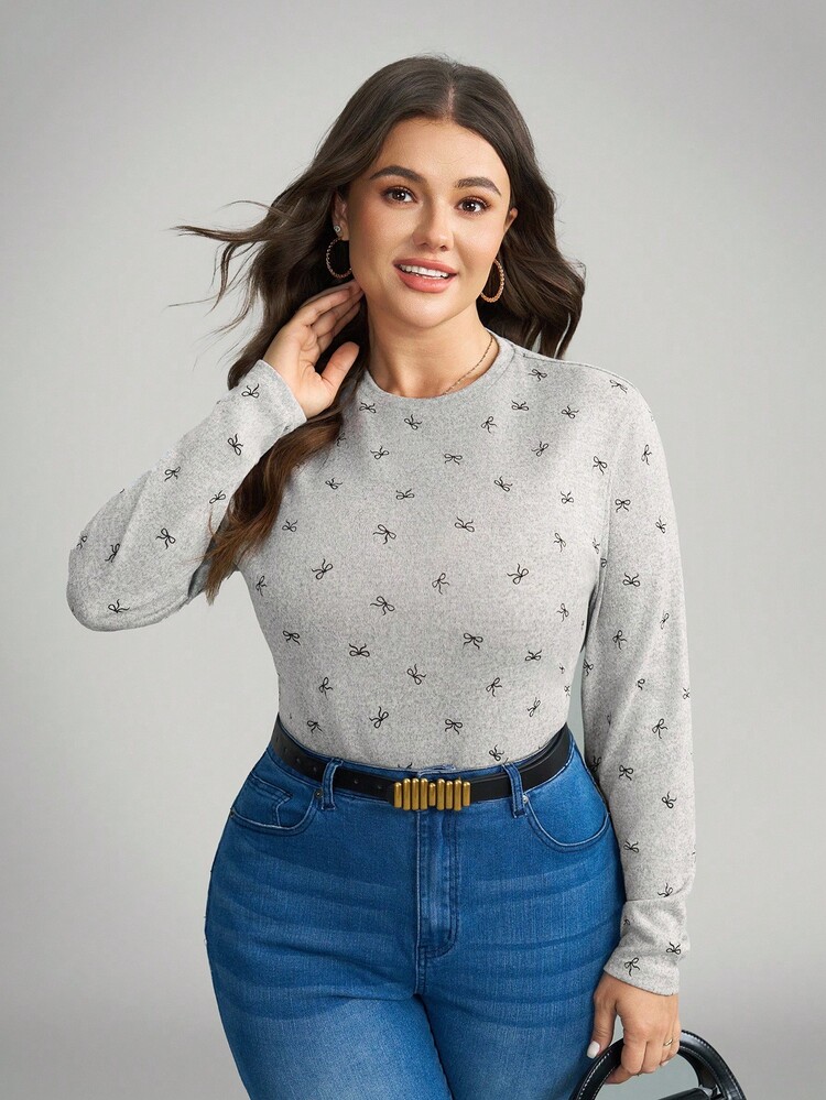 SHEIN LUNE Áo thun cổ tròn dệt nơ màu xám cỡ lớn dành cho nữ - Xám - Xem 6