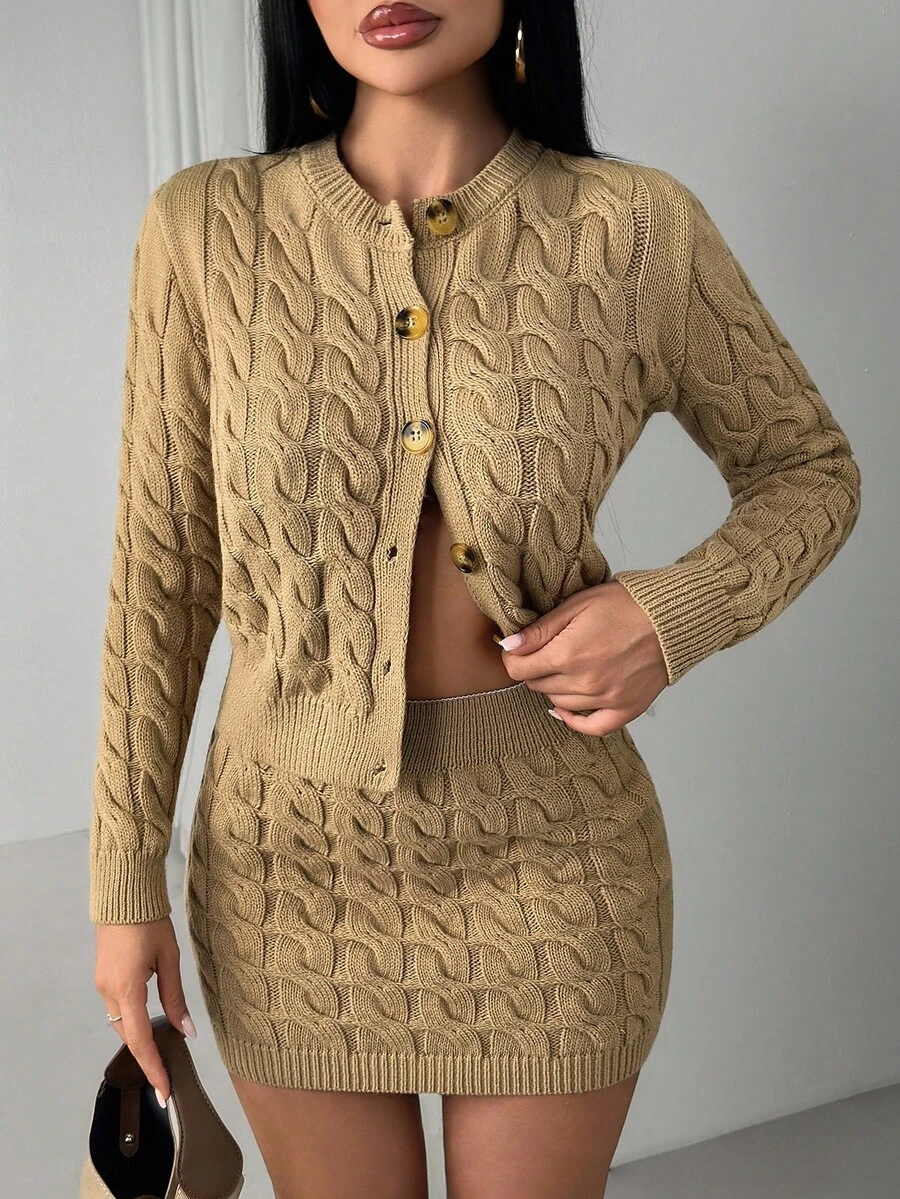 EURMUSE Completo da donna in 2 pezzi, cardigan e gonna marrone - Castano - Visualizzare 1