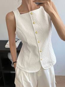 DAZY Chaleco casual sin mangas para mujer, de tela texturizada, de unicolor, cuello redondo, ajustado, chaleco de otoño - Blanco - Ver 5
