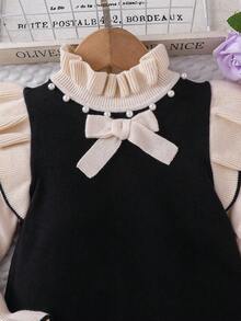 SHEIN 休闲时尚A字荷叶边长袖年轻女孩毛衣裙 - 黑與白 - 查看 6