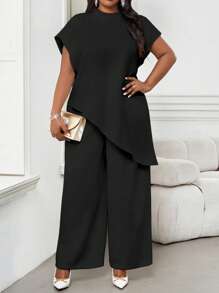 SHEIN Lady 大码女式纯色圆领蝙蝠袖宽松不对称下摆优雅衬衫 - 黑色 - 查看 3