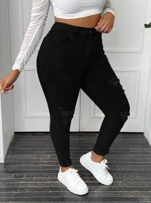 Slaydiva Pantalones Vaqueros Rotos Entallados Para Mujer De Talla Grande - Negro - Ver 4