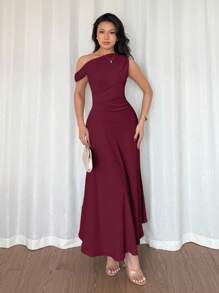 Elenzga 女士优雅奢华正式长裙，不对称领口，荷叶边细节，A 字廓形，拉链开合，酒红色，适合万圣节、圣诞节、国庆节、新年派对、毕业典礼、婚礼、角色扮演 - 中紫紅色 - 查看 5