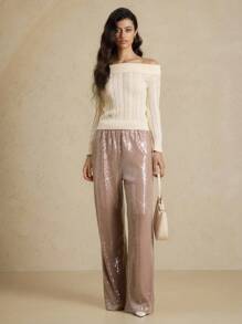 Briarwyn 女士四季服饰 Old Money Style 女士优雅亮片缀饰阔腿裤 - 藕粉色 - 查看 6