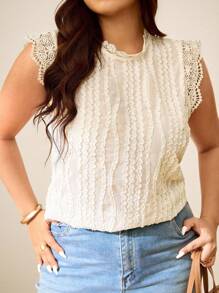 Elaquor Plus Size Elegant Solid Color Textured Sleeveless Shirt, Summer - Apricot - View 3
