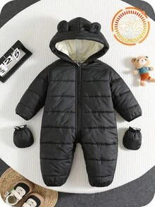SHEIN 2件套新生儿男女宝宝可爱纯色连帽加厚连体衣、滑雪服、手套，男女通用婴儿服装，婴儿冬季保暖服 - 彩色 - 查看 3