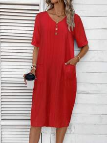 EMERY ROSE 純色正面鈕扣雙口袋束腰洋裝