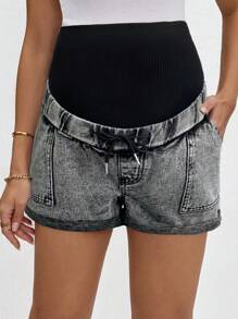 SHEIN Maternity Grey Knit Underbelly & Blue Denim Cuffed Shorts - Light Grey - View 1