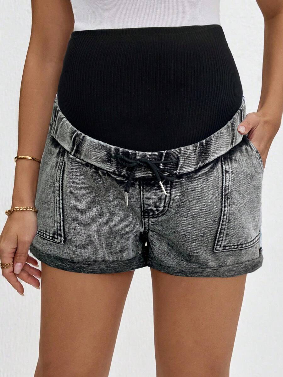 SHEIN Maternity Grey Knit Underbelly & Blue Denim Cuffed Shorts - Light Grey - View 1
