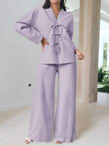 Firerie 女士休闲优雅度假时尚前系带宽松衬衫和高腰弹力宽松裤两件套 - 紫羅蘭色 - 查看 3