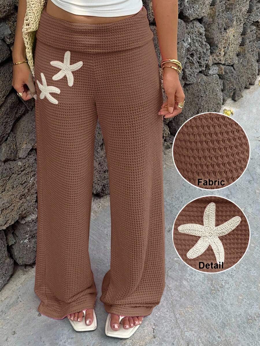 SHEIN EZwear Women's Solid Color Vacation Style Knit Wide Leg Pants - Coffee Brown - View 1