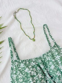 SHEIN 儿童夏季服装，柔软舒适的少女绿色和白色碎花露背吊带连衣裙，适合度假、假日、海滩等场合。绿色碎花连衣裙，夏季连衣裙，春季连衣裙，碎花吊带裙，可爱连衣裙，雏菊连衣裙，野餐连衣裙，春季连衣裙，雏菊印花连衣裙 - 綠色 - 查看 4