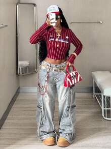 Coolane Women's Fall Concert Rave Festival Going Out Streetwear Y2K Vintage Graphics Burgundy Lapel Long Sleeve Tees Striped Crop Top Christmas - Burgundy - View 6