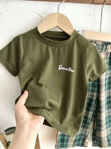 SHEIN 2pcs Baby Boy Toddler Newborn 0-3 Years Old Casual Long Sleeve T-Shirt + Plaid Pants Set, Suitable For Autumn/Winter And All Seasons