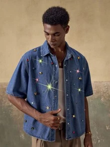 AKNOTIC Men's Woven Casual Loose Fit Short Sleeve Shirt - Medium Wash - View 2