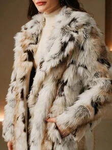 Anewsta Women's Fashion Long Sleeve Leopard Print Long Faux Fur Coat - Beige - View 6