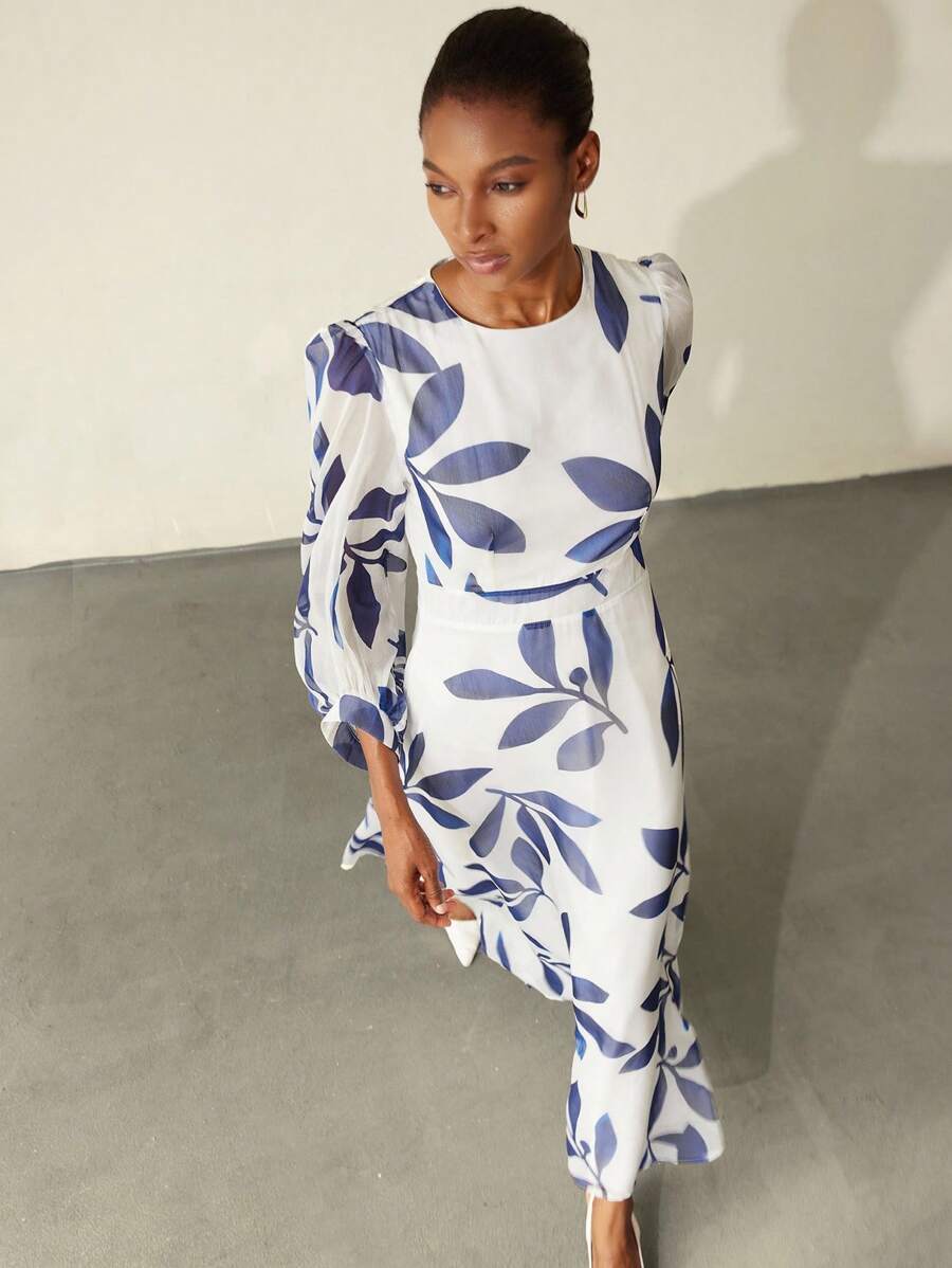 Aveloria Modichic Tencel Printed Romantic Vacation & Commute Long Sleeve Dress For Women Fall Cloth For Women - Blue and White - View 1