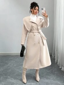 Elenzga Plusstorlek Dam Enfärgad Knyt Midja Dubbelknäppt Långärmad Elegant Högkvalitativ Romantisk Lång Yllekappa Beige Kappa Vinterkappa Dam Neutral Kappa Dam Trenchcoat Klassisk Damkappa - Aprikos - Visa 8