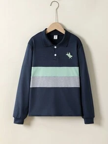 SHEIN Explorewe 青少年男孩马匹印花撞色 Polo 衫长袖休闲轻便日常秋冬装 - 彩色 - 查看 1