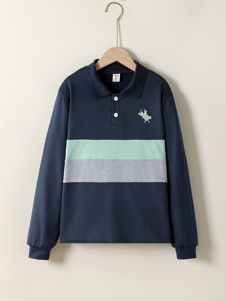 SHEIN Explorewe 青少年男孩马匹印花撞色 Polo 衫长袖休闲轻便日常秋冬装 - 彩色 - 查看 1