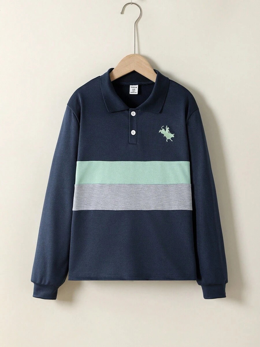 SHEIN Explorewe 青少年男孩马匹印花撞色 Polo 衫长袖休闲轻便日常秋冬装 - 彩色 - 查看 1