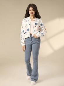 少女优雅花卉印花拉链短款休闲夹克外套