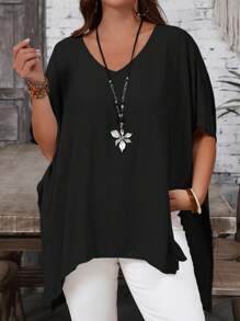 EMERY ROSE Camisa larga asimétrica de manga corta y cuello en V de unicolor, holgada, para mujer de talla grande, de verano - Negro - Ver 4