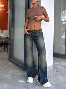 EURMUSE WOMEN FLARE MID WAIST VINTAGE WASHING JEANS Y2k Jeans Low Rise Jeans Bootcut Jeans Wide Leg Jeans Flared Jeans - Light Wash - View 4