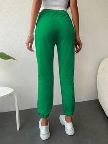 EURMUSE Women's Solid Color Drawstring Waist Pockets Jogger Pants - Green - View 2