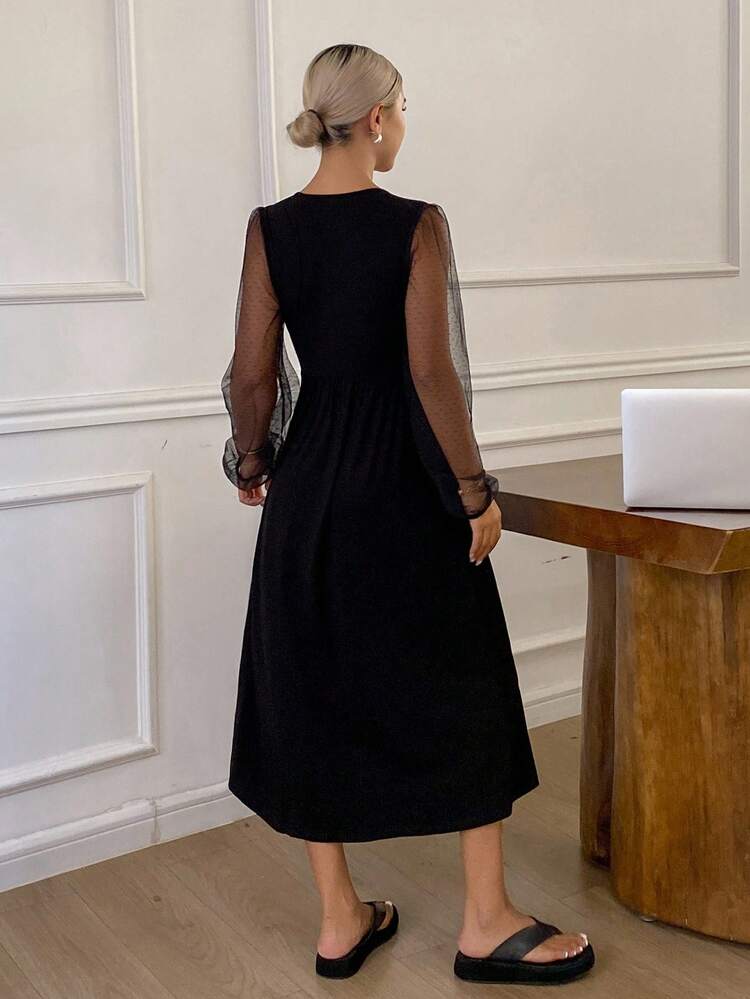 Sheer Mesh Patchwork Long Nightgown For Women, Fall Pajama