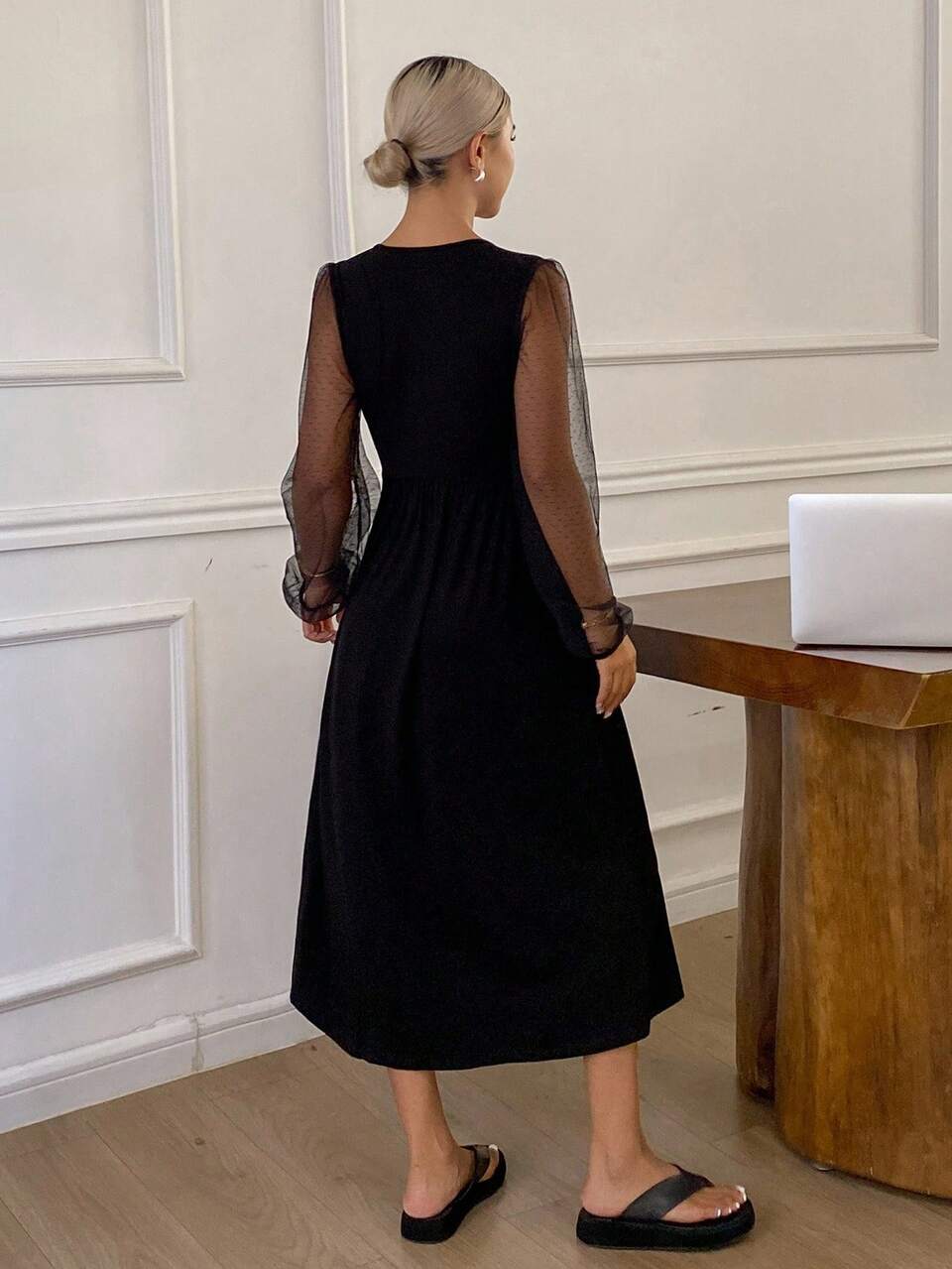 Sheer Mesh Patchwork Long Nightgown For Women, Fall Pajama