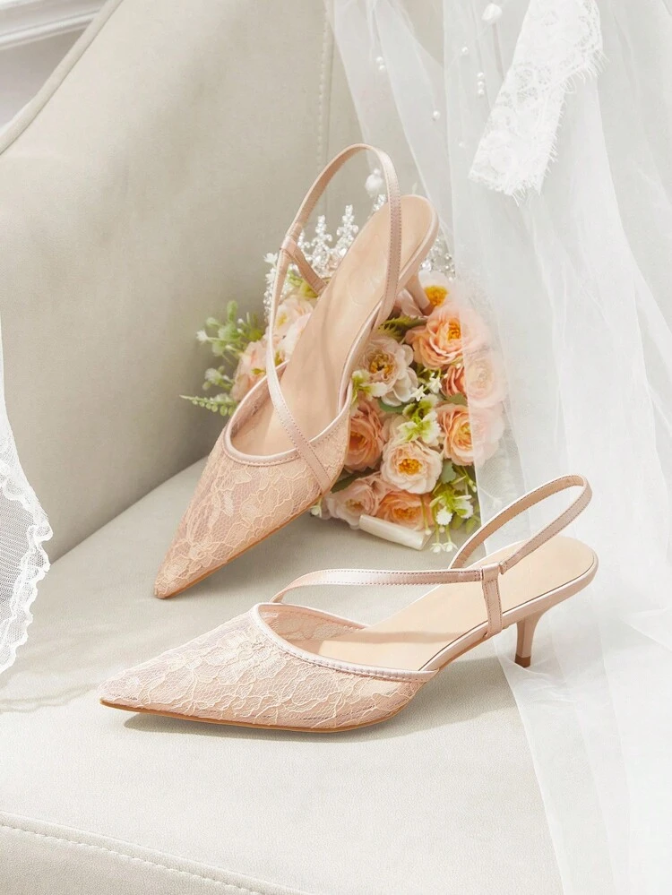 CUCCOO HITCHD 浅ピンクのフレンチレースメッシュ エレガントなファッション キトゥンヒール ポインテッドトゥ フラットシューズ