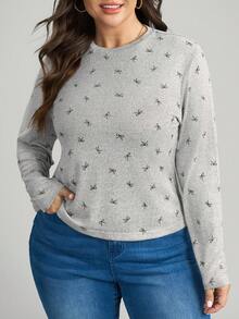 SHEIN LUNE 大码女式灰色蝴蝶结针织圆领T恤 - 灰色 - 查看 3