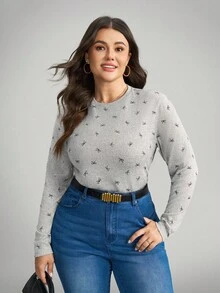 SHEIN LUNE 大码女式灰色蝴蝶结针织圆领T恤 - 灰色 - 查看 8