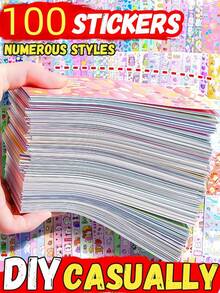 SHEIN 可爱卡通贴纸 100 片或 200 片防水全息激光材料预切线趣味装饰 DIY 混合设计适用于杯子瓶子笔记本电脑日记本剪贴簿明信片 - 彩色 - 查看 9