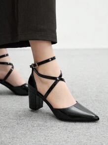 CUCCOO BIZCHIC Women's Fashion Black Ankle Strap Criss-Cross Pointed Toe Thick High Heel Pumps, Suitable For Commuting, Dating, Party, Shopping For Christmas - Black - View 4