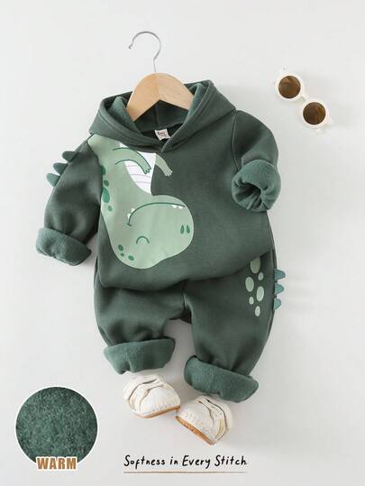 Cozy Pixies Set de 2 piezas de sudadera con capucha de manga larga y pantalón jogger de cintura elástica con estampado de dinosaurio de dibujos animados para niño bebé
