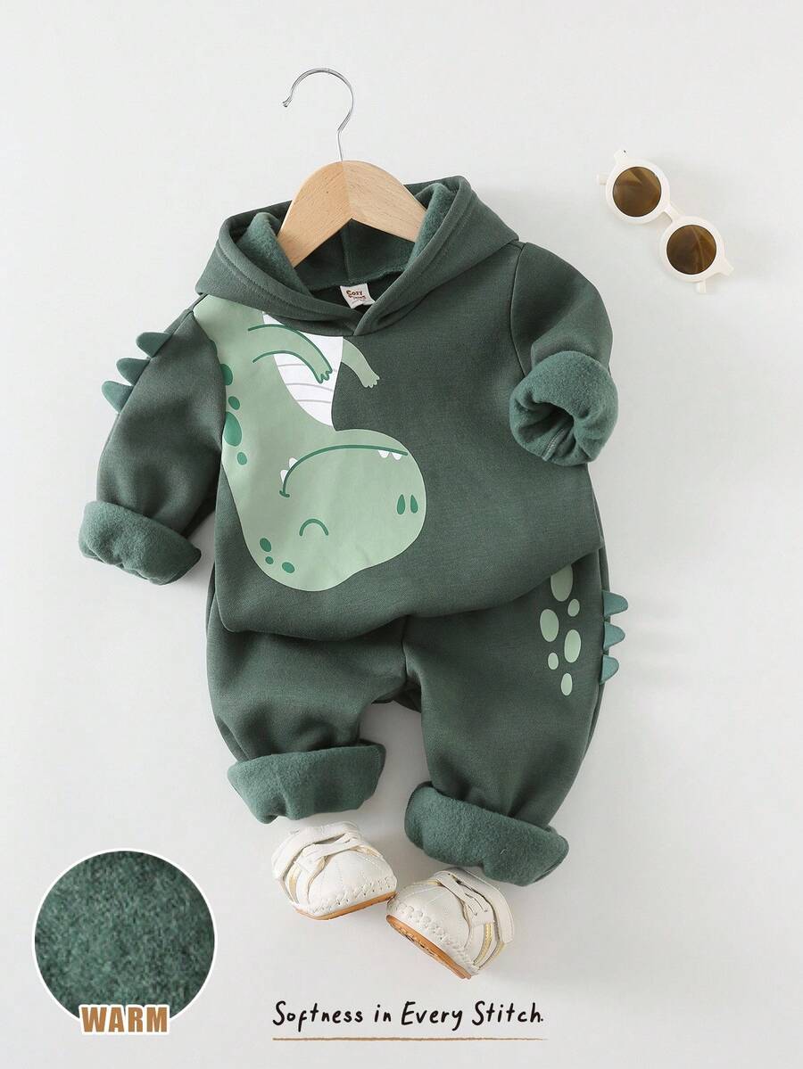 Cozy Pixies 2pcs Baby Boy Cartoon Dinosaur Print Hooded Long Sleeve Sweatshirt And Elastic Waist Jogger Pants Set Fall Winter