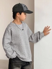 SHEIN Tween Boy Casual Korean Style Oversized Textured Fleece Crew Neck Pullover Sweatshirt, Suitable For Commuting, School, Daily Casual Wear, Sports, Autumn/Winter, Boys Oversized Sweatshirt Fall - Grey - View 5