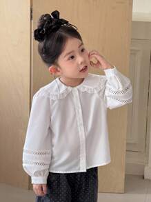 SHEIN Young Girl Lace Applique Ruffle Sleeves Ruffle Trim Lapel Shirt, Holiday, Fall And Winter Season, Travel, Back To School Season, School, Party - White - View 5