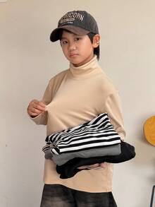 SHEIN Little Byeori 4件套男童休闲韩版保暖高弹高领T恤，适合秋季、春季、冬季、户外玩耍、上学、街头风、派对和休闲穿着。 - 彩色 - 查看 4