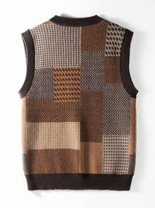 Manfinity CasualKnits 秋季大码男士复古休闲拼布图案V领毛衣背心 - 彩色 - 查看 2