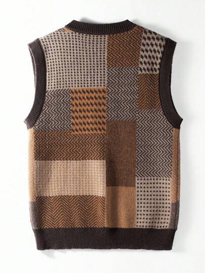 Manfinity Roghcode Men's Casual Vintage Contrast Color V-Neck Brown Vest Back To School Everyday Comfort Going Out Sleeveless Sweater Vest , Fall Winter
