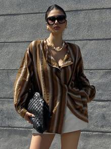 DAZY Vintage Vertical Striped Loose Fit Asymmetric Collar Long Sleeve Shirt Fall,Winter - Brown - View 1