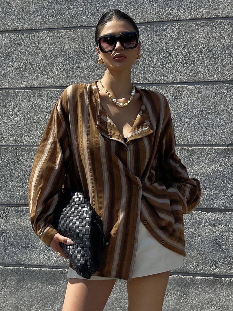 DAZY Vintage Vertical Striped Loose Fit Asymmetric Collar Long Sleeve Shirt Fall,Winter - Brown - View 1