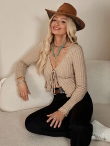 LanaWest 系带前生菜边短款开衫、长袖上衣 - 卡其色 - 查看 5