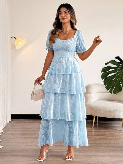 Vionelle Plus Size Elegant Wedding Bridal Sky Blue Summer Dress,Square Neck Bow Backless Layered Ruffle Butterfly Sleeve Open Back Tiered Maxi Long Dress