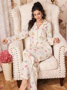 FloralLove Bộ đồ ngủ mềm mại, áo dài tay ve áo họa tiết hoa và quần dài, trang phục thu đông ấm áp và thanh lịch - Nhiều màu - Xem 3